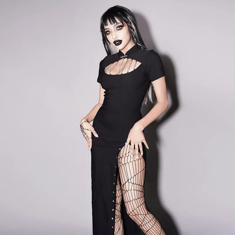 Dark Goth Chest Chain Leg Slit Dress