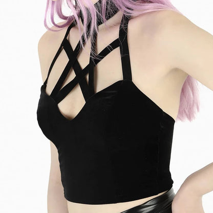 Manifest Black Velvet Pentacle Halter Crop Top Shirt