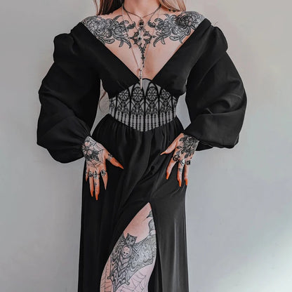 Dark Goth Cathedral High Slit V-Neck Dress