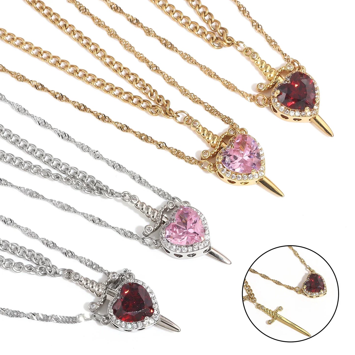 Heart and Sword Zircon Pendant Necklaces