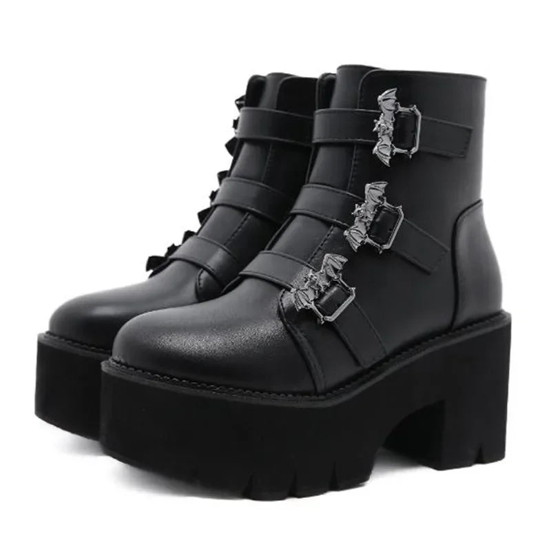 Bat Buckle Platform Ankle Boots