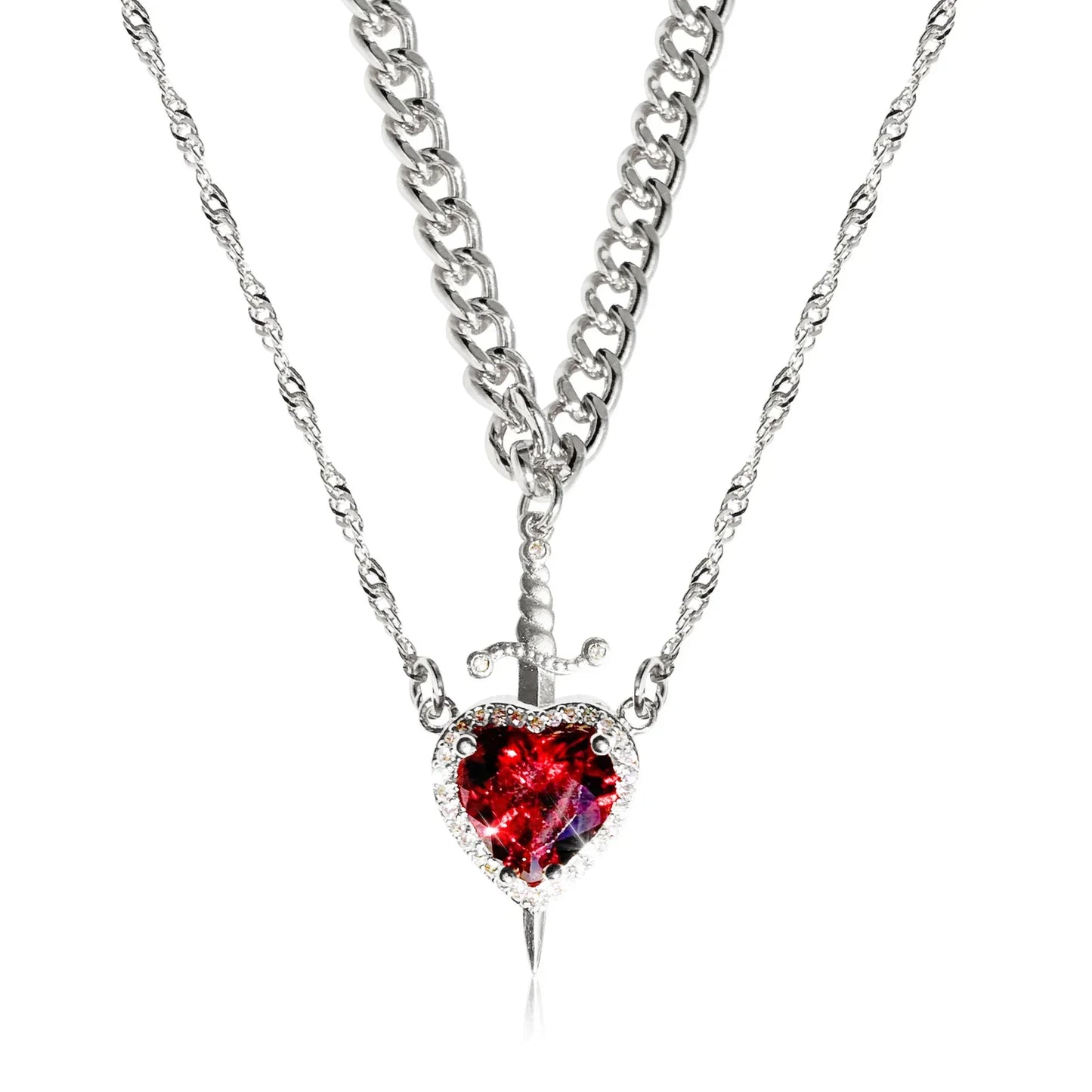 Heart and Sword Zircon Pendant Necklaces