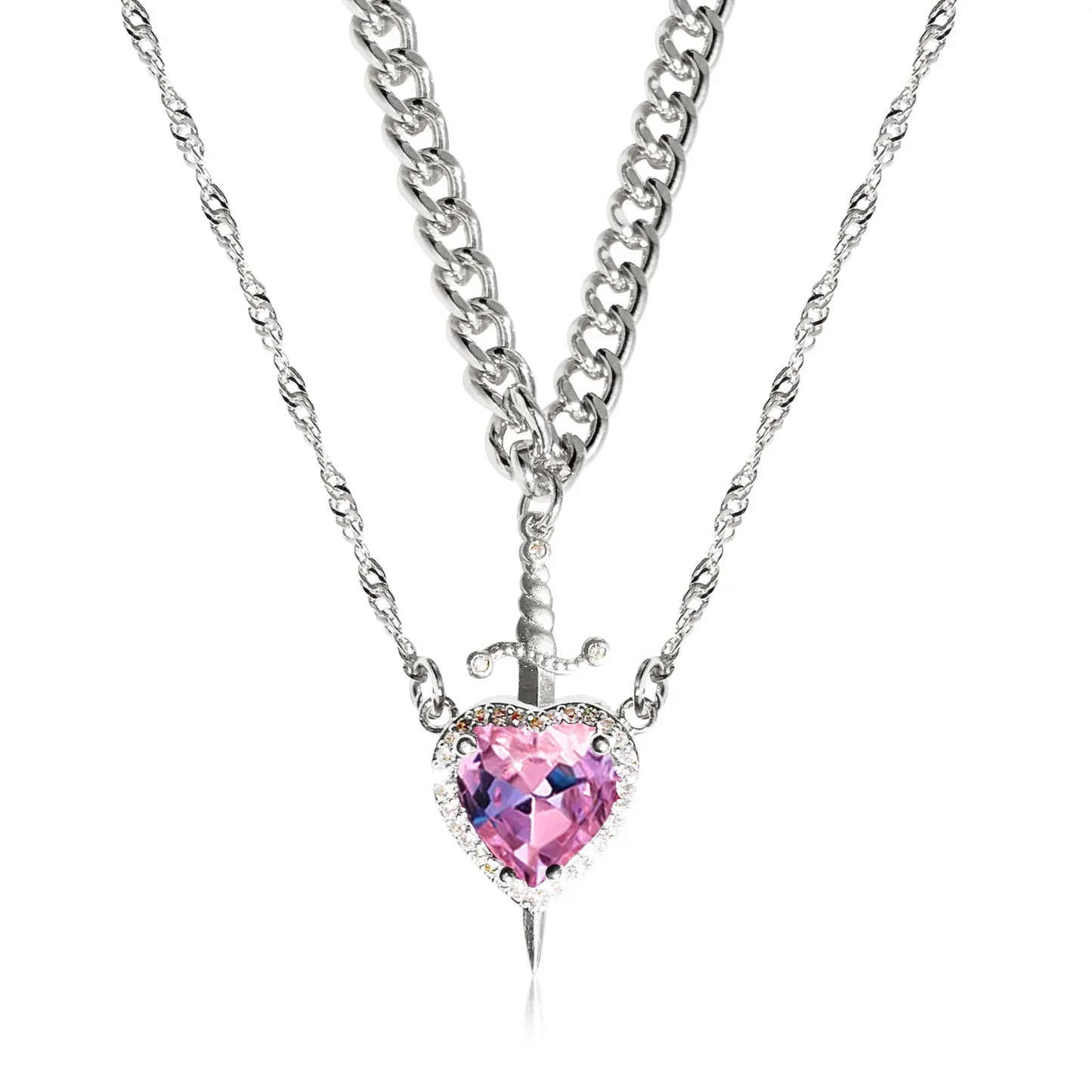 Heart and Sword Zircon Pendant Necklaces