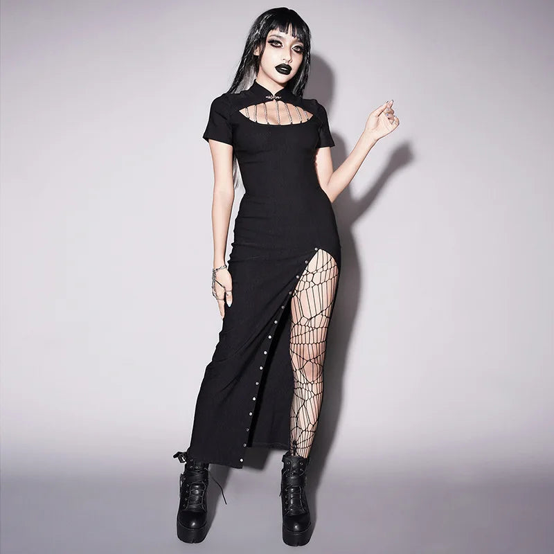 Dark Goth Chest Chain Leg Slit Dress