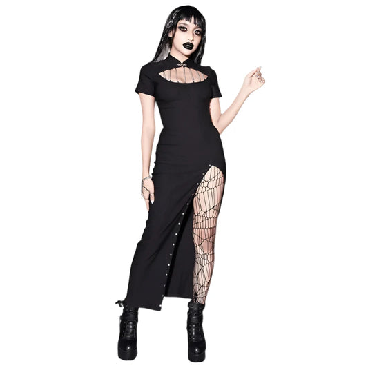 Dark Goth Chest Chain Leg Slit Dress