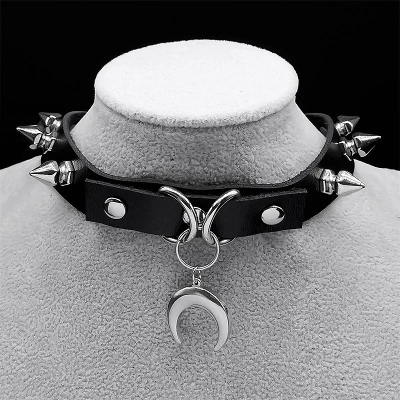 Punk Crescent Moon Choker Necklace