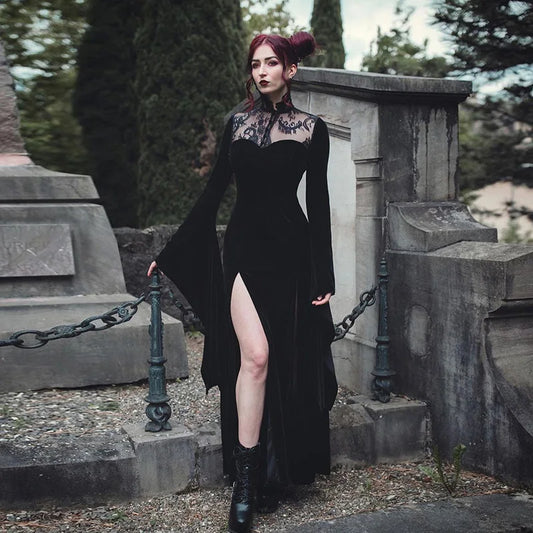 Black Gothic Lace Long Bell Sleeve Long Sleeve Long Slit Dress