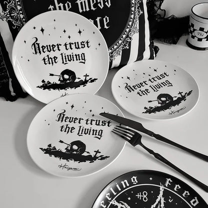 Never Trust the Living Black and White Gothic Plates