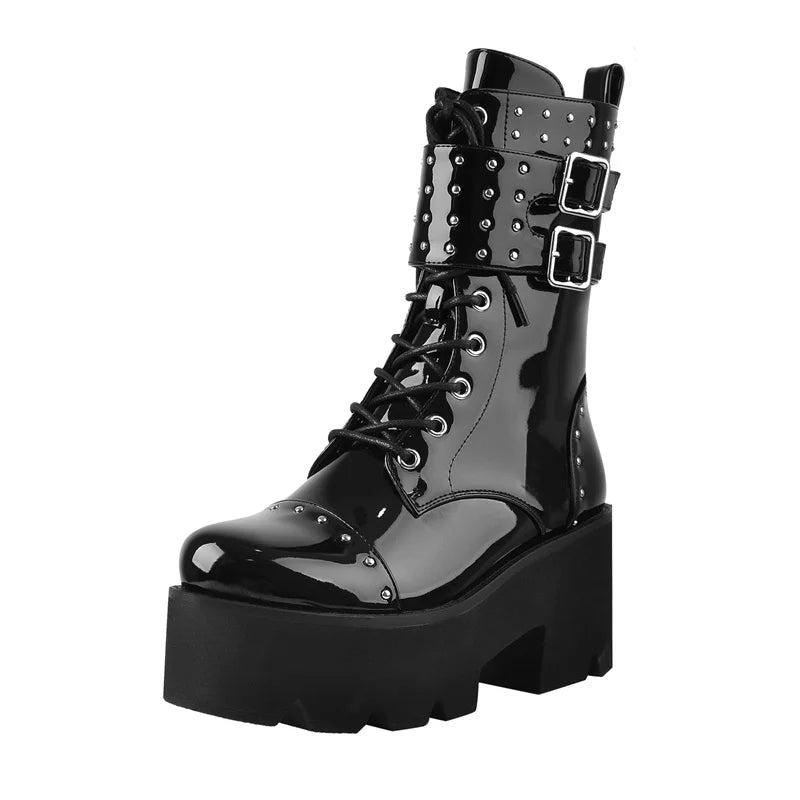 Patent Leather Ankle Buckle Platform Combat Boots