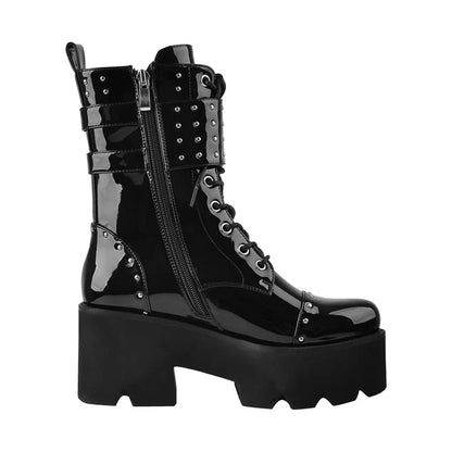 Patent Leather Ankle Buckle Platform Combat Boots