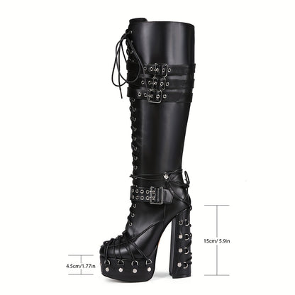 Lace Up Buckle Over-the-Knee Boots with Chunky High Heel