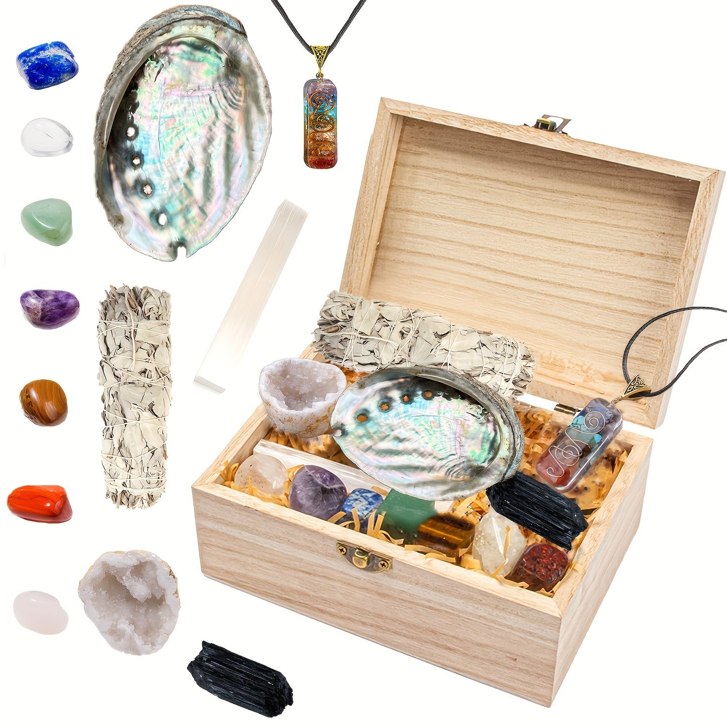 Sage and Crystal Smudge Kit in Wooden Gift Box