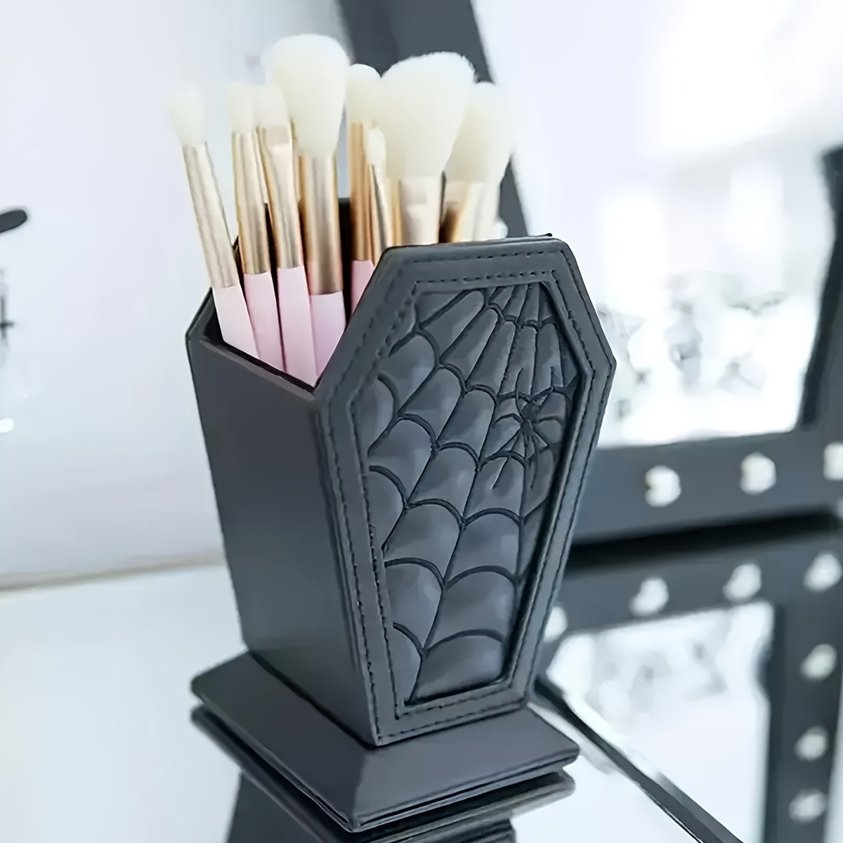 Gothic Coffin-Shaped Spider Web Makeup Brush Holder