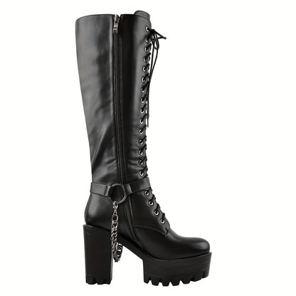 Punk Lace Up Knee High Chunky Heel Metallic Chain Decor Boots