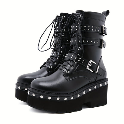 Round Toe Lace Up Buckle DecorBoots