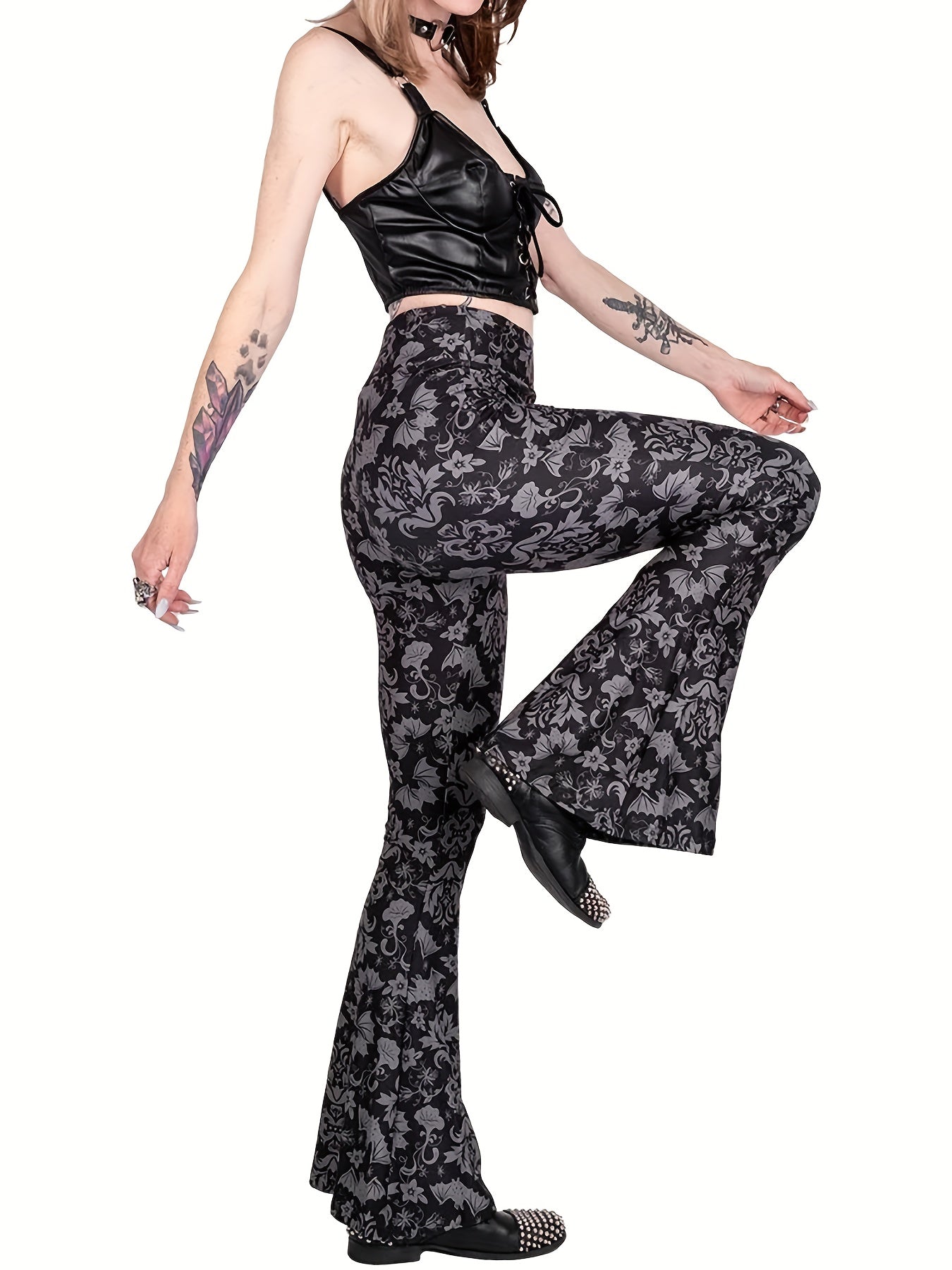 Gothic Bat Floral Print Flare Pants