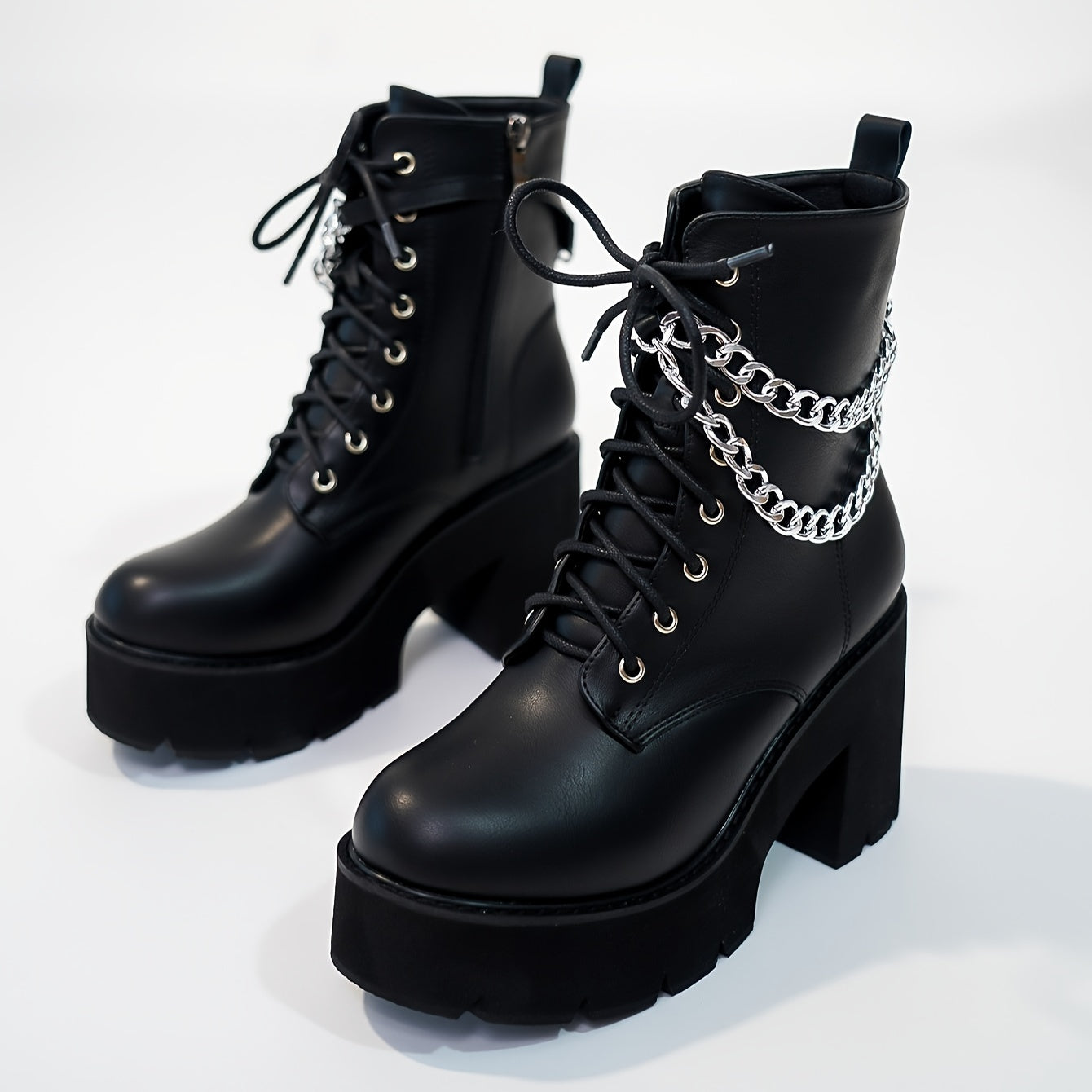 Women's Chunky Heeled Short Boots, Punk Style Chain Decor Platform Boots, Side Zipper High Heeled Boots