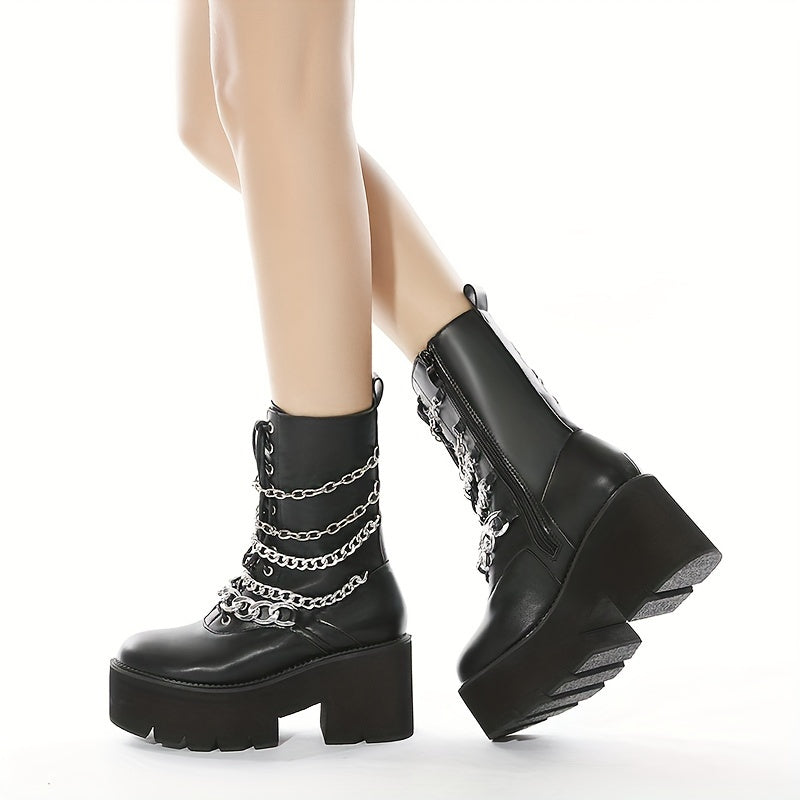 Chain-Decorated Ankle Boots with High Platform And Side Zipper