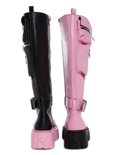 Black and Pink Pocket Leather Knee High Boots