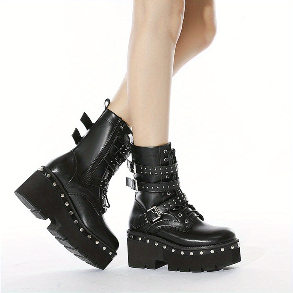 Round Toe Lace Up Buckle DecorBoots