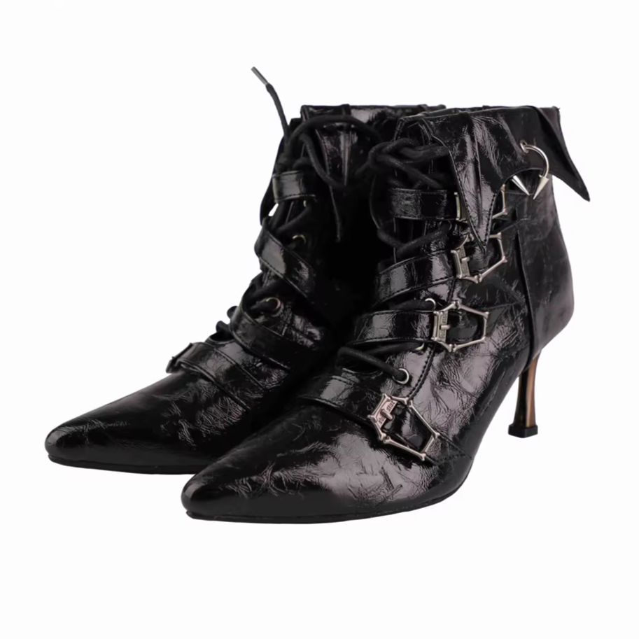 Gothic Bat Wing Coffin Buckle Lace Up Witches Boots