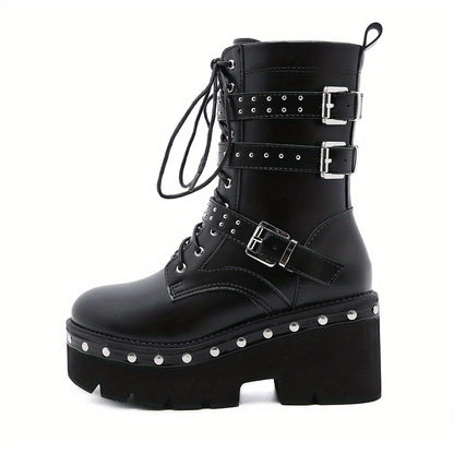 Round Toe Lace Up Buckle DecorBoots