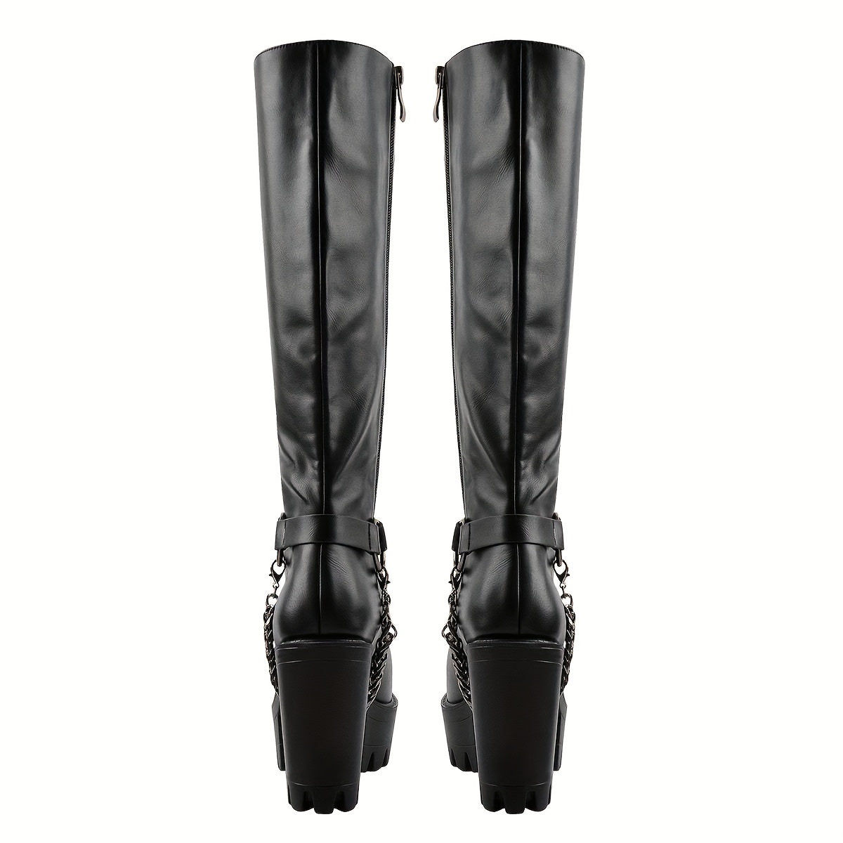 Punk Lace Up Knee High Chunky Heel Metallic Chain Decor Boots