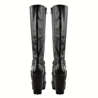 Punk Lace Up Knee High Chunky Heel Metallic Chain Decor Boots