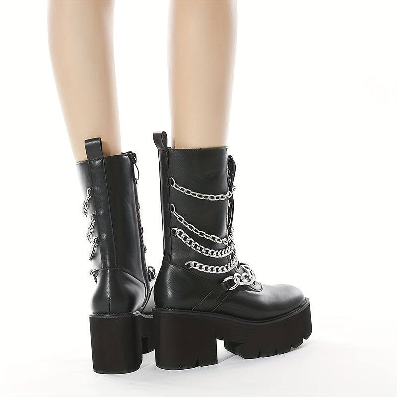 Chain-Decorated Ankle Boots with High Platform And Side Zipper