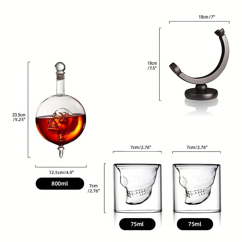 Skull Decanter Set with 2 Glasses And Wooden Base