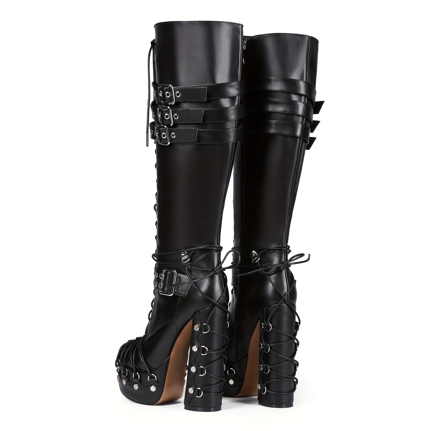 Lace Up Buckle Over-the-Knee Boots with Chunky High Heel