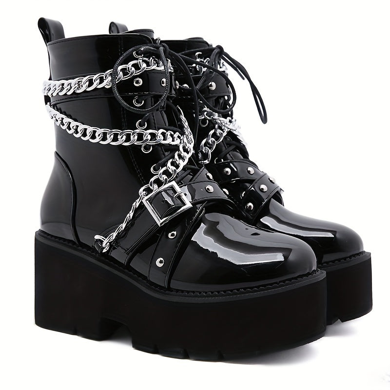 Platform Chain & Buckle Belt Decor Boots