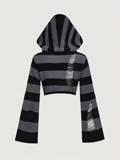 Striped Ripped Crop Sweater Hoodie